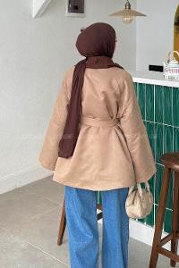 Lamelif Yaka Garnili Trenç Vizonrengi