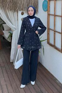 Lamelif Zımba Detaylı Pantolon-Ceket Takım Lacivert