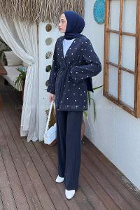 Lamelif Zımba Detaylı Pantolon-Ceket Takım Lacivert