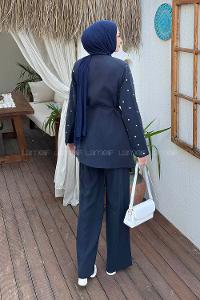 Lamelif Zımba Detaylı Pantolon-Ceket Takım Lacivert