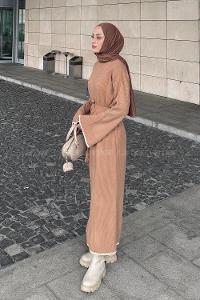Lamelif Çoban Dikişli Triko Elbise Camel