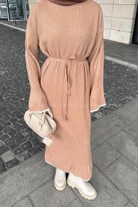Lamelif Çoban Dikişli Triko Elbise Camel