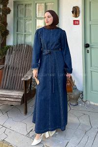 Lamelif Dikiş Detaylı Denim Elbise Koyu Mavi