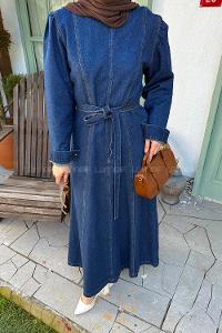 Lamelif Dikiş Detaylı Denim Elbise Koyu Mavi