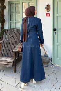 Lamelif Dikiş Detaylı Denim Elbise Koyu Mavi