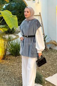 Lamelif Kemerli Kaşe Yelek Gri