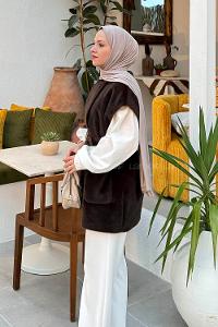 Lamelif Kemerli Kaşe Yelek Koyu Kahve