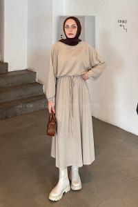 Lamelif Kol Manşet Lastikli Etekli Takım Bej