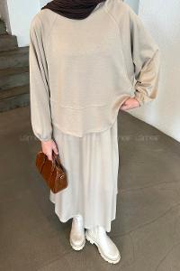 Lamelif Kol Manşet Lastikli Etekli Takım Bej