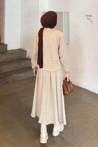 Lamelif Kol Manşet Lastikli Etekli Takım Bej