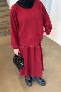 Lamelif Kol Manşet Lastikli Etekli Takım Bordo