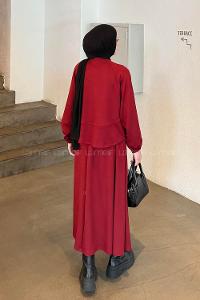 Lamelif Kol Manşet Lastikli Etekli Takım Bordo