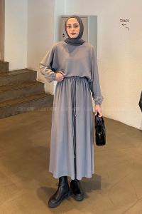 Lamelif Kol Manşet Lastikli Etekli Takım Gri