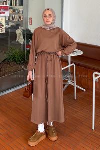 Lamelif Kol Manşet Lastikli Etekli Takım Soft Kahve