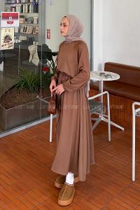 Lamelif Kol Manşet Lastikli Etekli Takım Soft Kahve