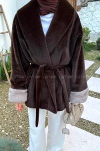 Lamelif Kürklü Kaşe Mont Koyu Kahverengi