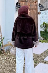 Lamelif Kürklü Kaşe Mont Koyu Kahverengi