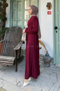 Lamelif Kuşak Bağlama Kıraşlı Tesettür Elbise Bordo