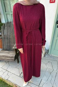 Lamelif Kuşak Bağlama Kıraşlı Tesettür Elbise Bordo