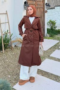 Lamelif Kuşaklı Omuz Apoletli Trençkot Acı Kahve
