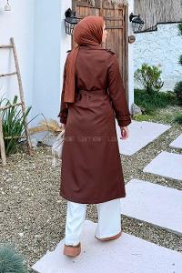 Lamelif Kuşaklı Omuz Apoletli Trençkot Acı Kahve