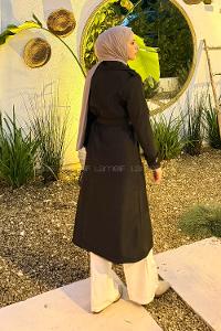 Lamelif Kuşaklı Omuz Apoletli Trençkot Siyah