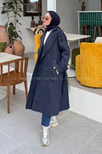 Navy Blue Jacket Collar Long Arm Cotton Polyester Coat