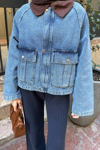 Lamelif Çıtçıtlı Acı Kahve Gömlek Yaka Detaylı Denim Ceket Kot Mavisi