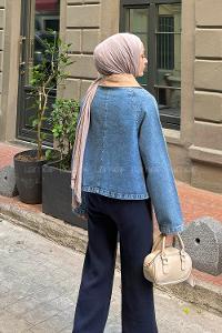 Lamelif Çıtçıtlı Vizonrengi Gömlek Yaka Detaylı Denim Ceket Kot Mavisi