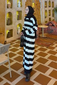 Lamelif Çizgi Detaylı Bağlamalı Elbise Siyah