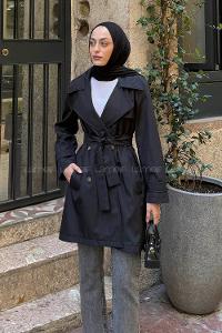 Lamelif Kol Kemerli Kısa Trençkot Siyah