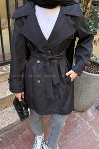 Lamelif Kol Kemerli Kısa Trençkot Siyah