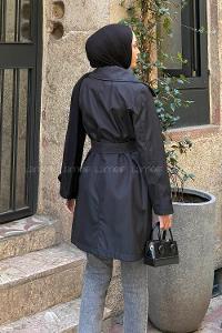 Lamelif Kol Kemerli Kısa Trençkot Siyah