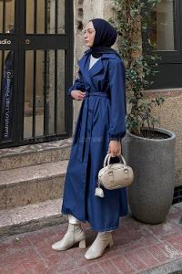 Lamelif Kol Lastikli Düğmeli Trençkot Lacivert