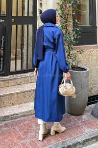 Lamelif Kol Lastikli Düğmeli Trençkot Lacivert