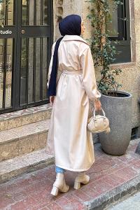 Lamelif Kol Lastikli Düğmeli Trençkot Taş Rengi