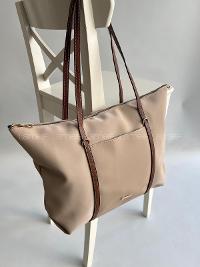 Lamelif Şeritli Shopper Kadın Omuz Çantası Bej