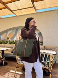 Lamelif Şeritli Shopper Kadın Omuz Çantası Haki