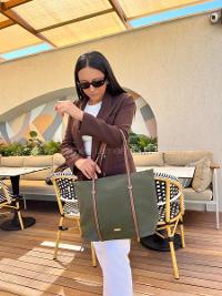Lamelif Şeritli Shopper Kadın Omuz Çantası Haki