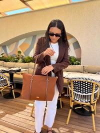 Lamelif Şeritli Shopper Kadın Omuz Çantası Taba