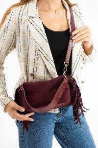 Lamelif Süet Püsküllü Kadın Omuz Çantası Bordo