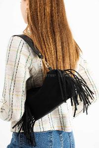 Lamelif Süet Püsküllü Kadın Omuz Çantası Siyah