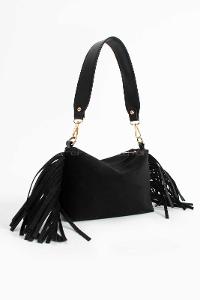 Lamelif Süet Püsküllü Kadın Omuz Çantası Siyah