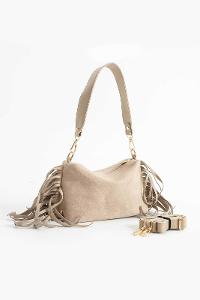 Lamelif Süet Püsküllü Kadın Omuz Çantası Vizonrengi