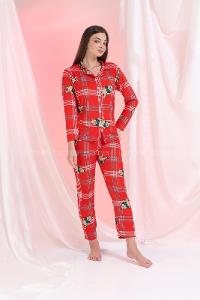 Lamelif Ayıcık Detaylı Ekoseli Pijama Takımı Kırmızı