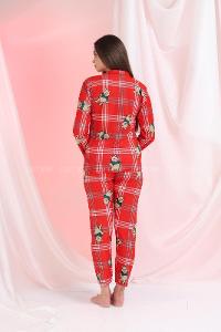 Lamelif Ayıcık Detaylı Ekoseli Pijama Takımı Kırmızı