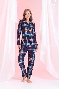 Lamelif Ayıcık Detaylı Ekoseli Pijama Takımı Lacivert