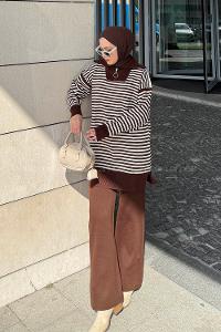 Lamelif Çizgili Balıkçı Yaka Triko Takım Acı Kahve