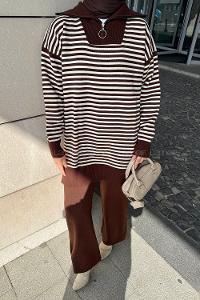 Lamelif Çizgili Balıkçı Yaka Triko Takım Acı Kahve