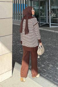 Lamelif Çizgili Balıkçı Yaka Triko Takım Acı Kahve